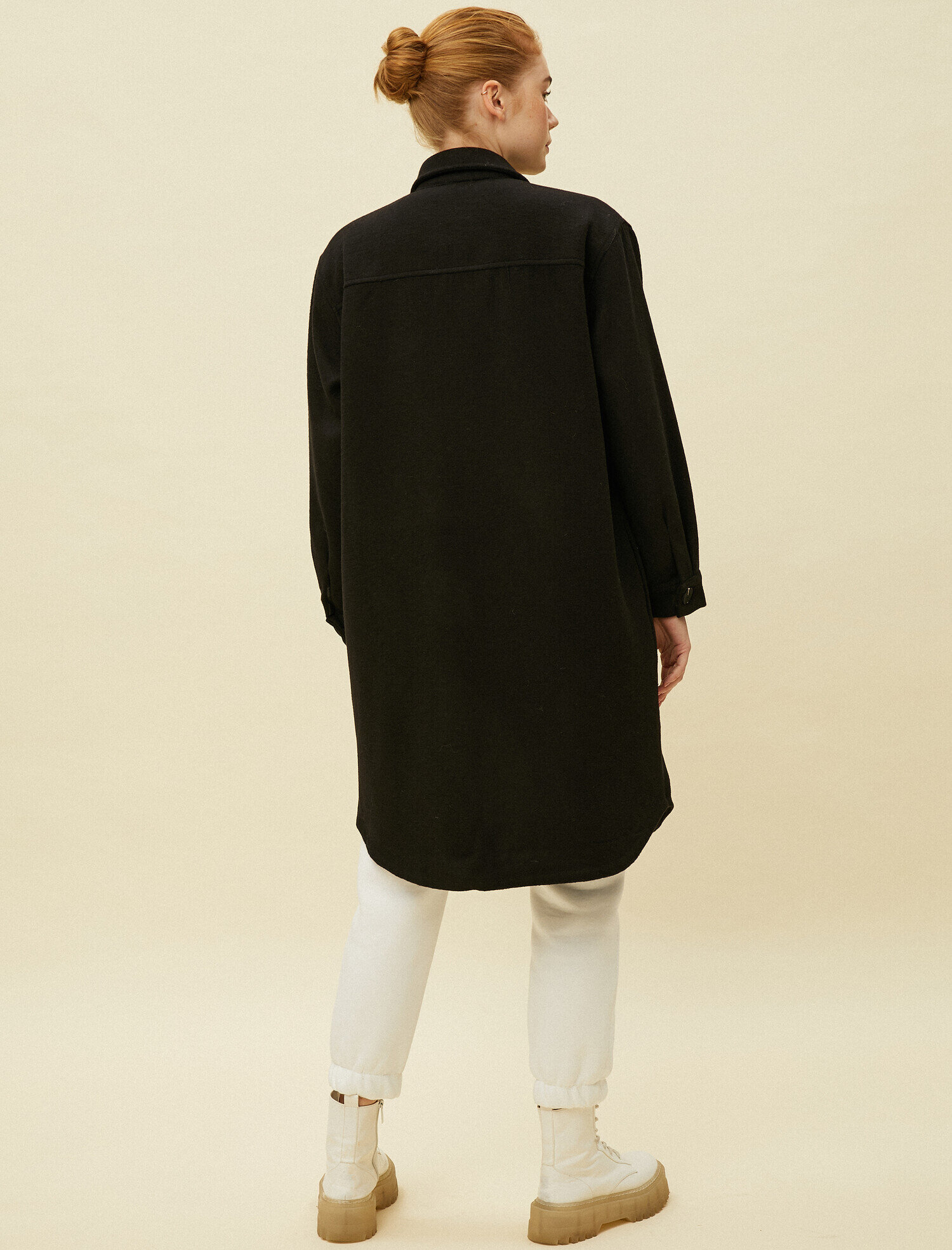   Gömlek Yaka Kapitoneli Astarlı Uzun Kaşe Ceket