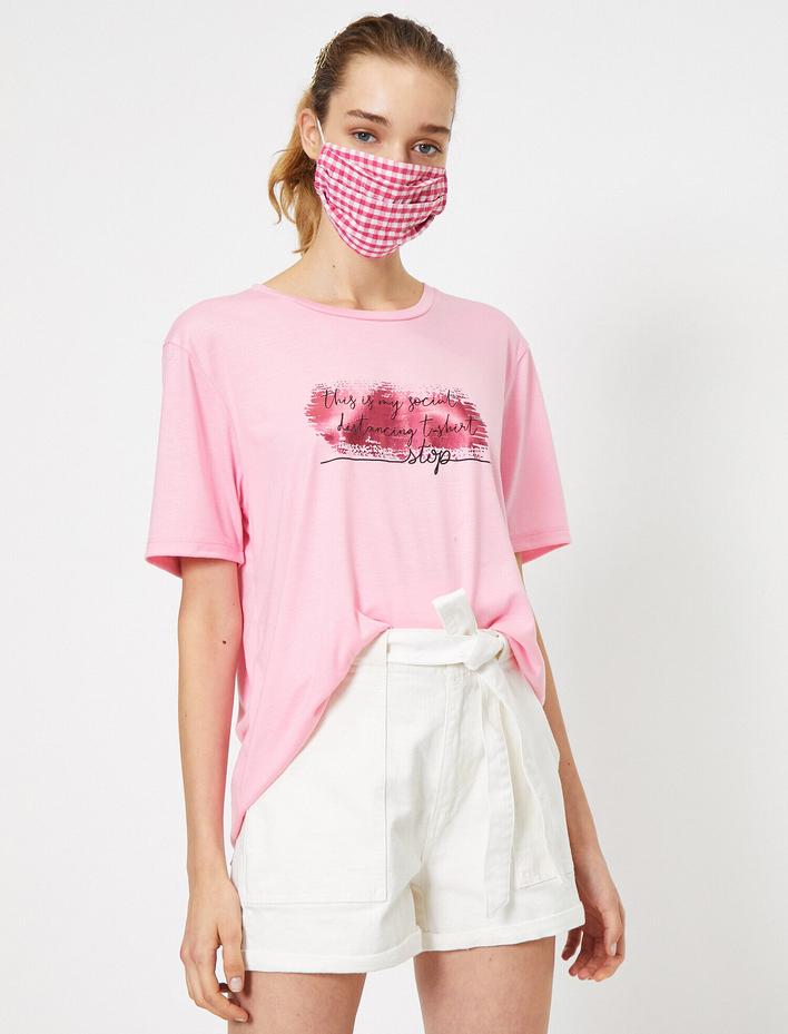  Bisiklet Yaka Kısa Kollu Yazılı Baskılı Tişört