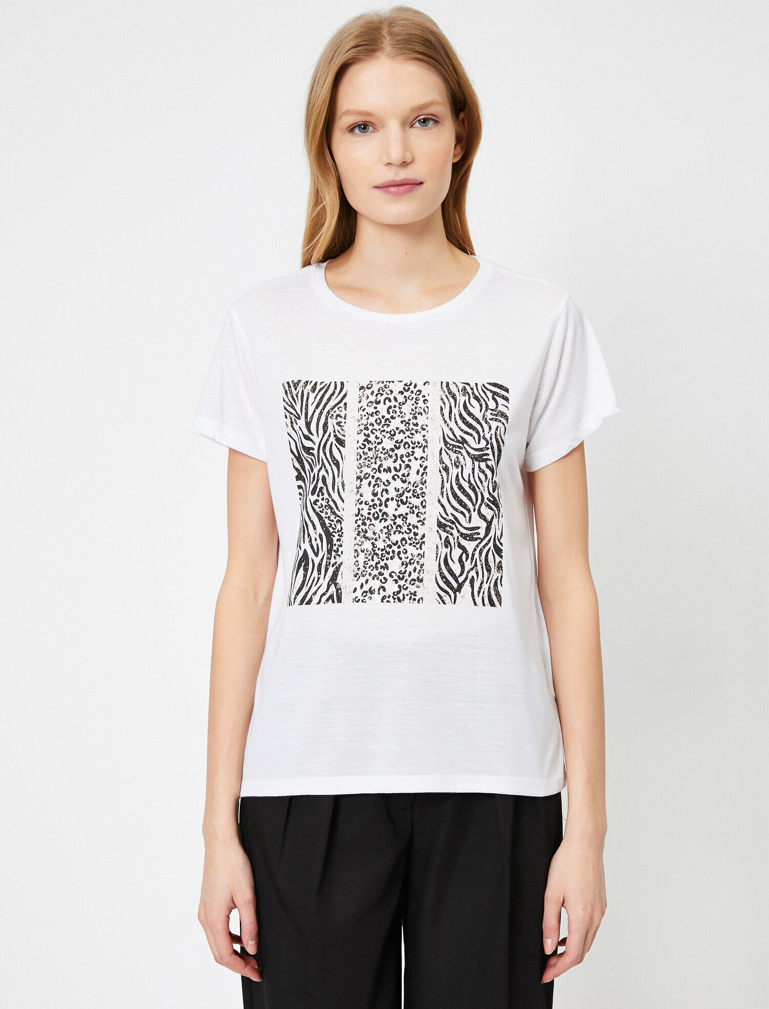   Leopar/Zebra Baskılı Bisiklet Yaka Standart Kalıp Tişört