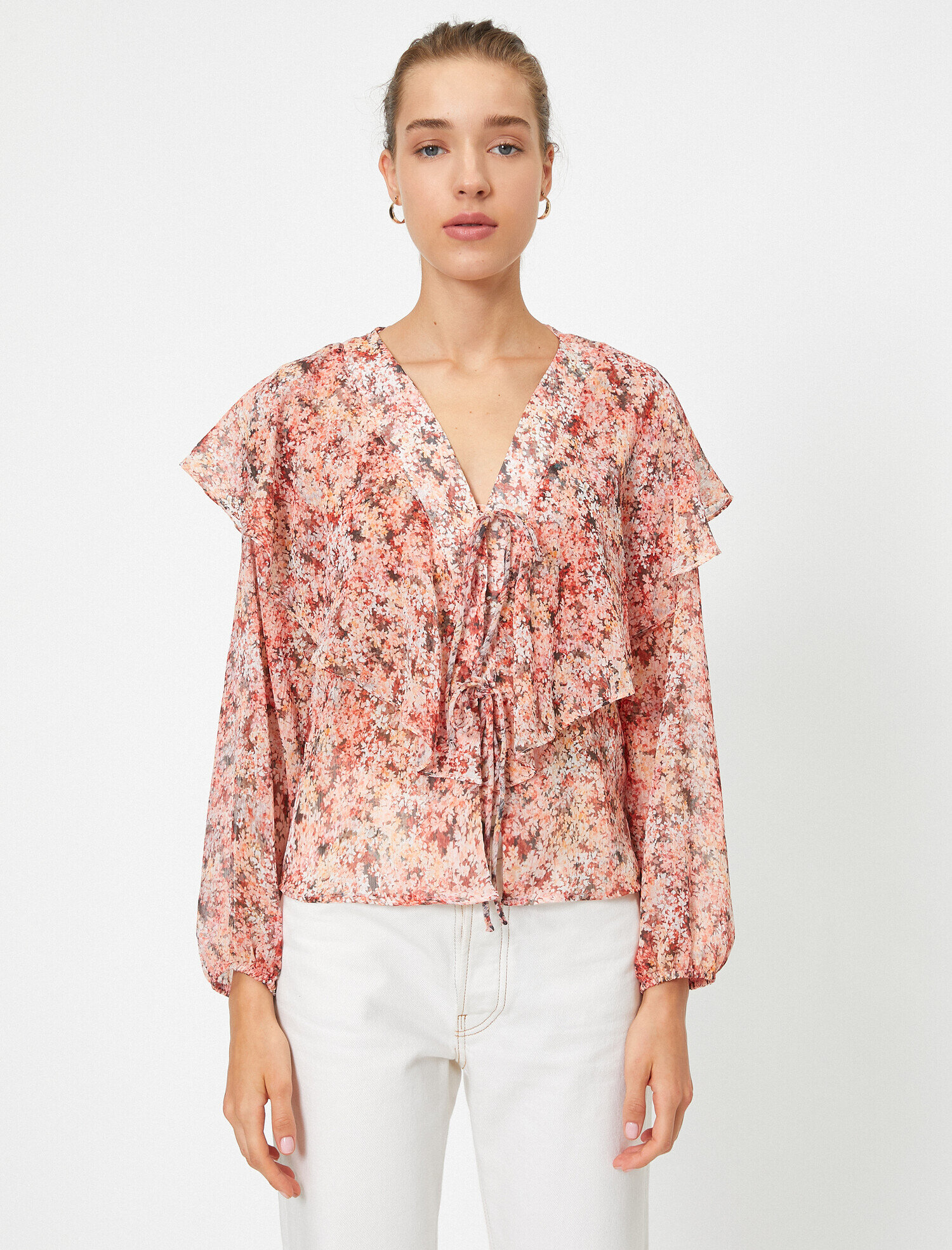   Uzun Kollu Fırfırlı Çiçekli Bluz