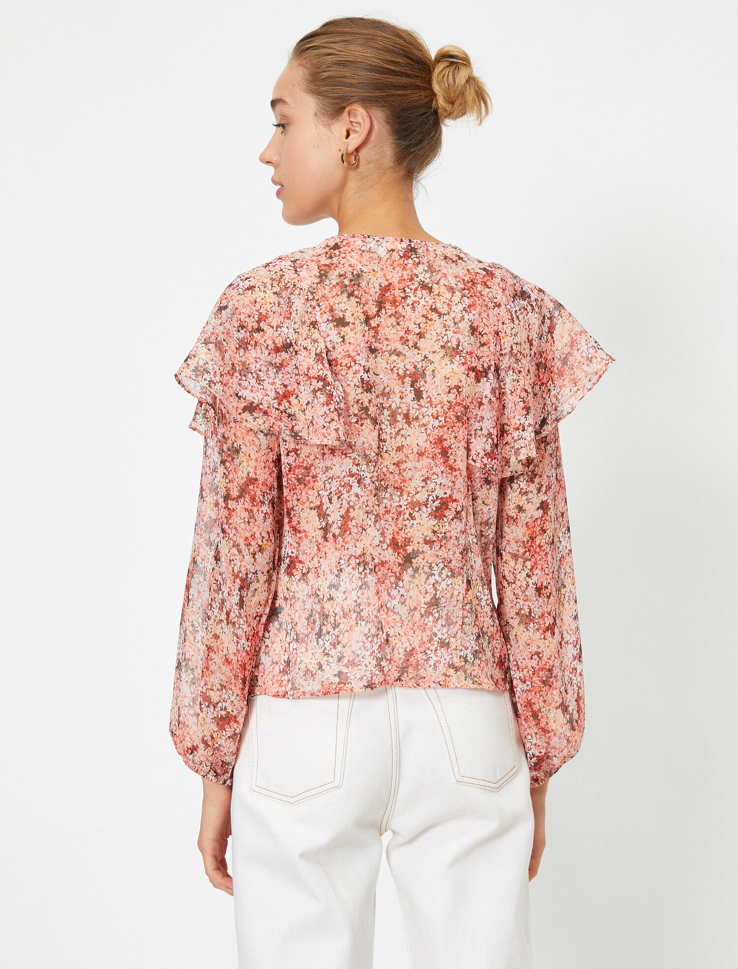   Uzun Kollu Fırfırlı Çiçekli Bluz