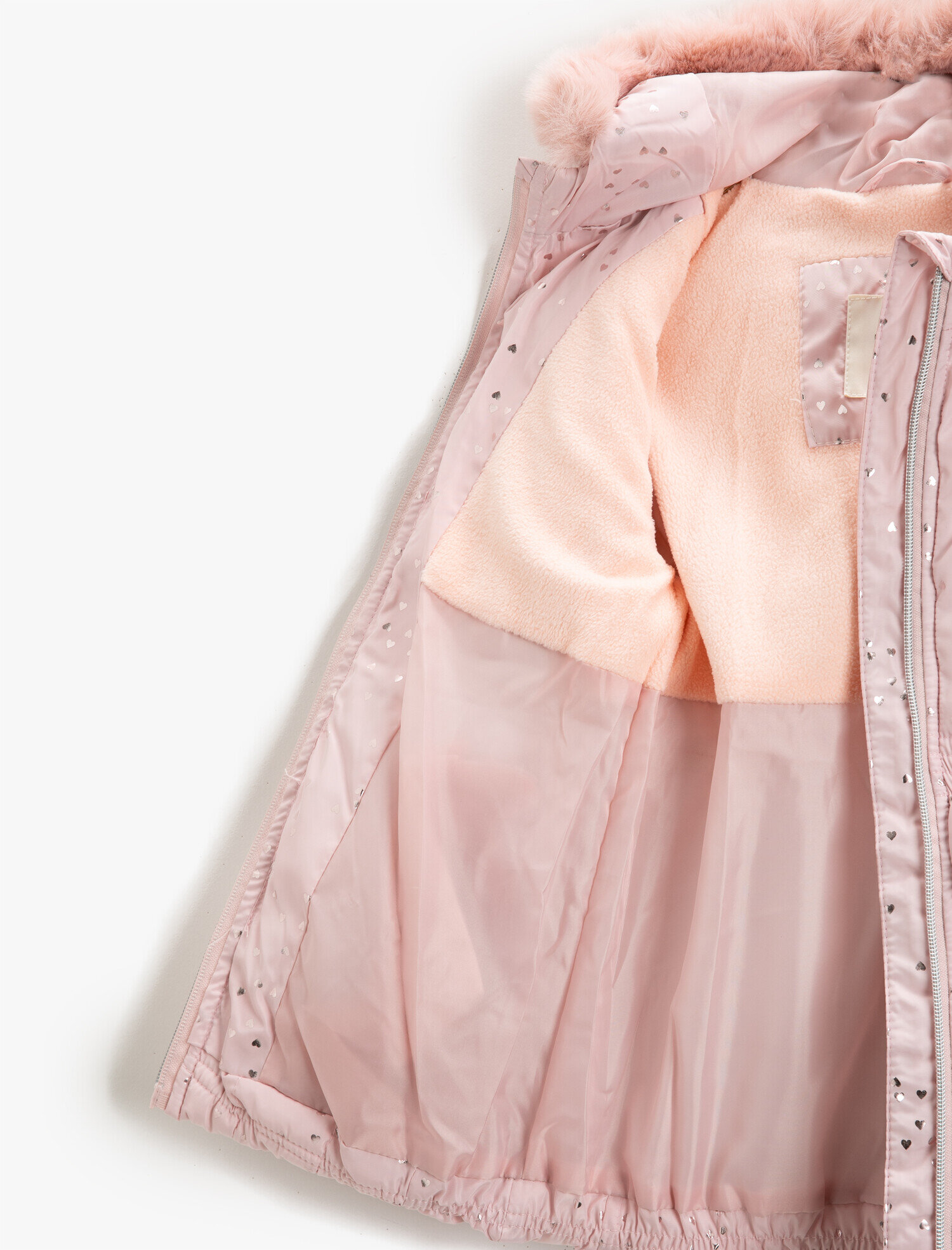  Kız Çocuk Kapşonlu Şişme Mont Kalp Baskılı