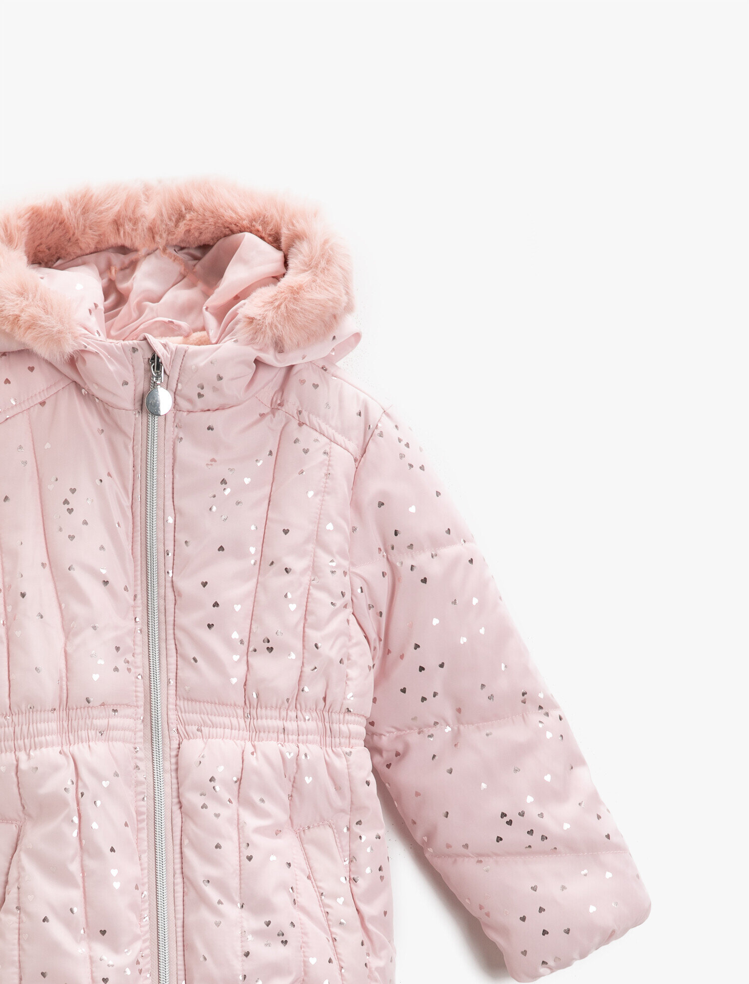  Kız Çocuk Kapşonlu Şişme Mont Kalp Baskılı