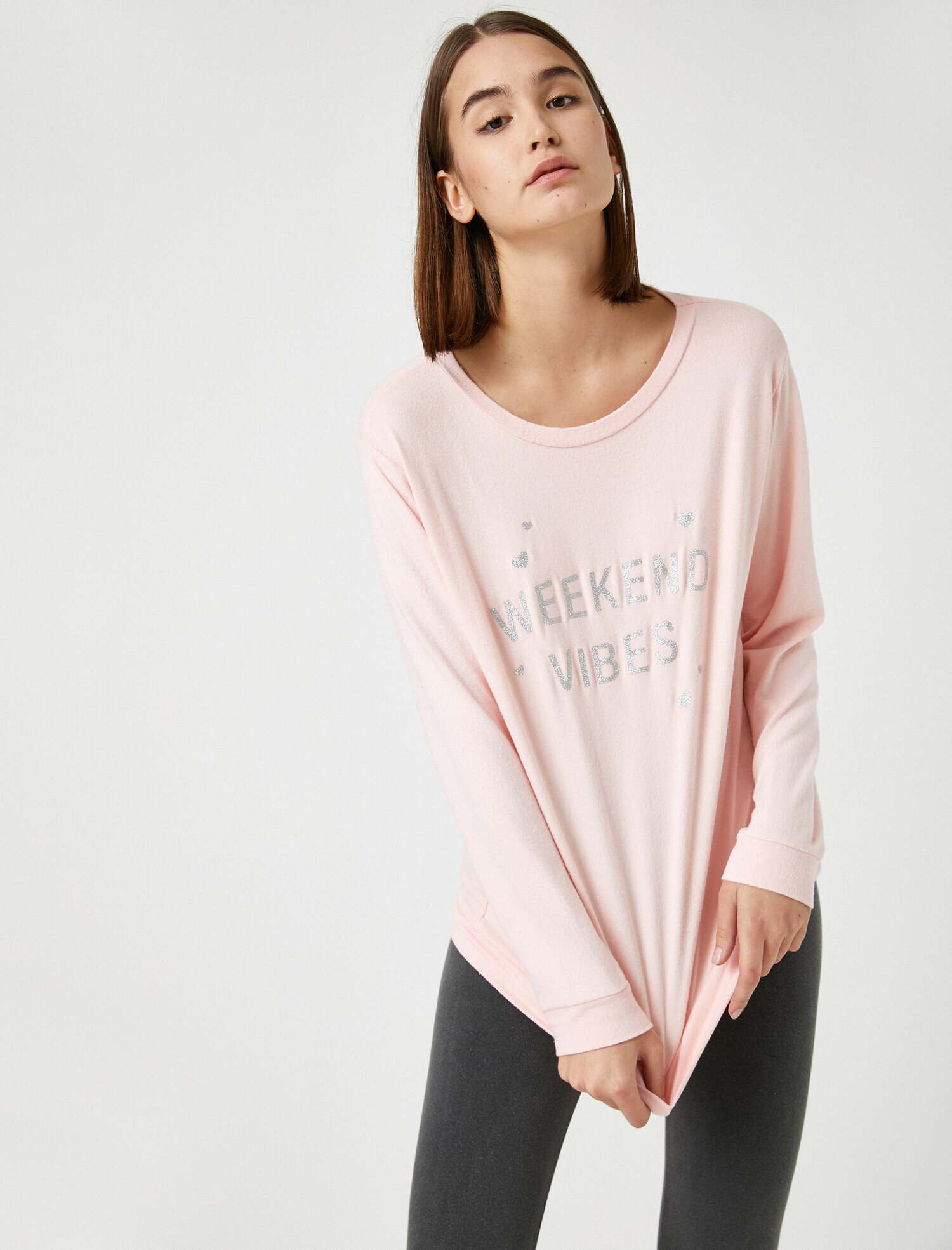 Bisiklet Yaka Yazılı Baskılı Pijama Üstü