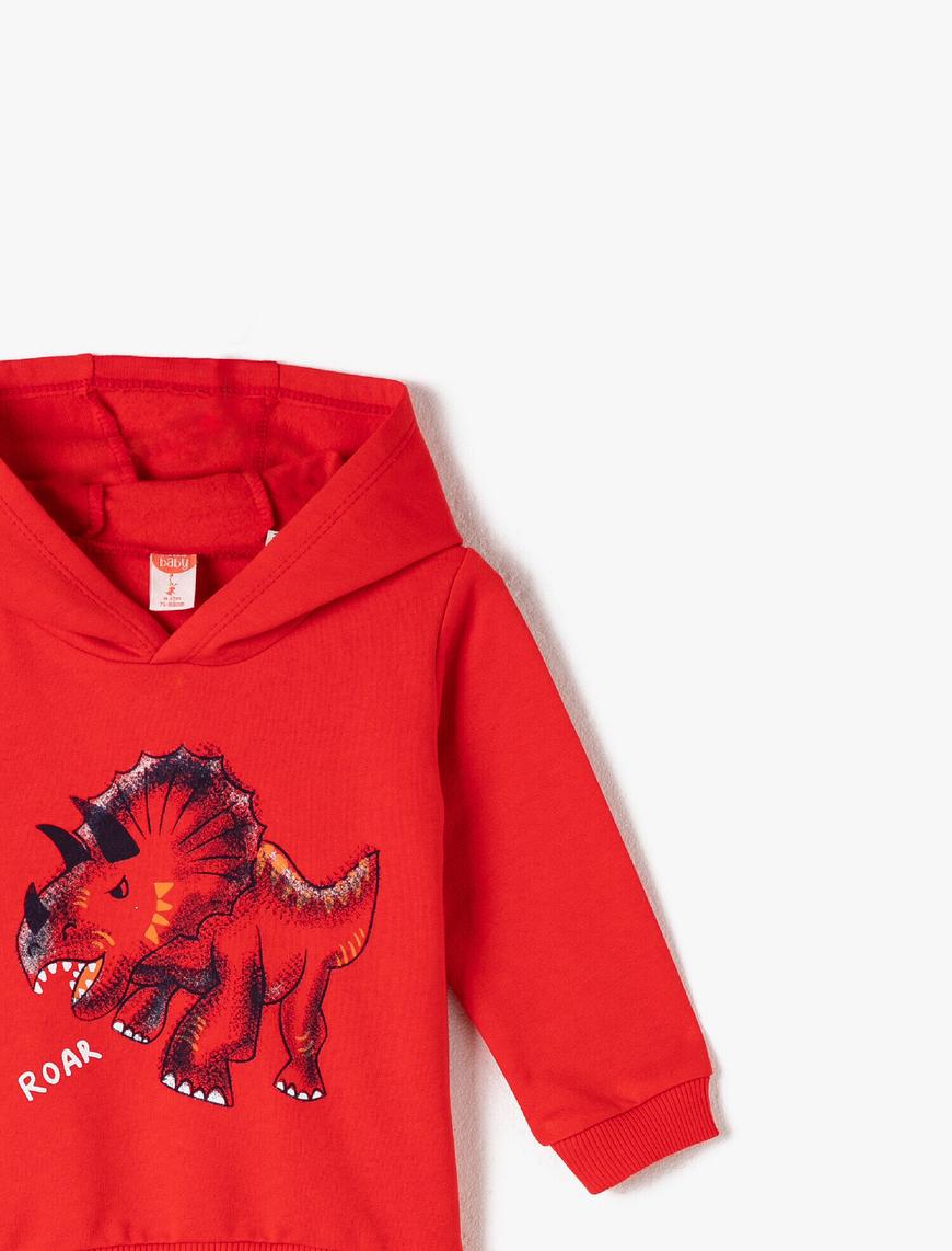 Erkek Bebek Pamuklu Kapüşonlu Dinozor Baskılı Sweatshirt