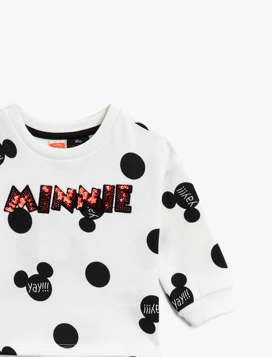  Kız Bebek Minnie Mouse Lisanslı Pullu Baskılı Bisiklet Yaka Pamuklu Sweatshirt