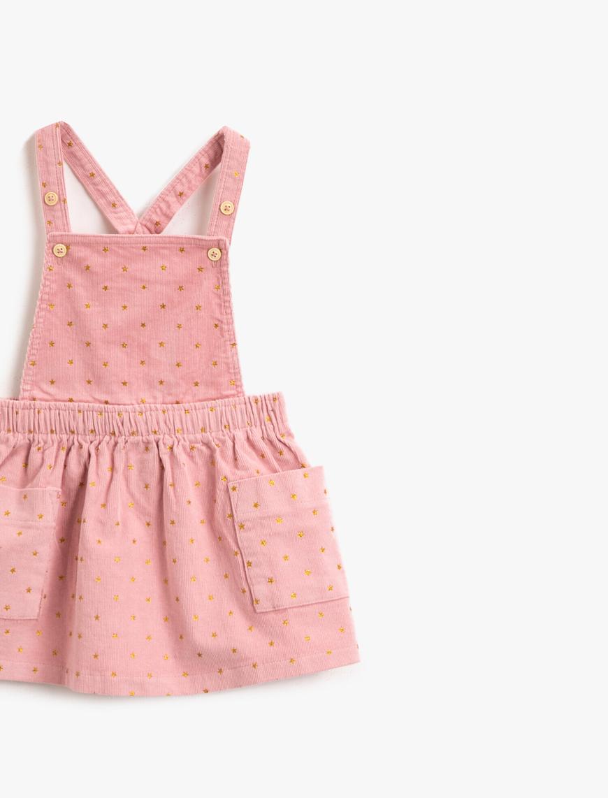  Kız Bebek Cepli Yıldız Simli Baskılı Elbise