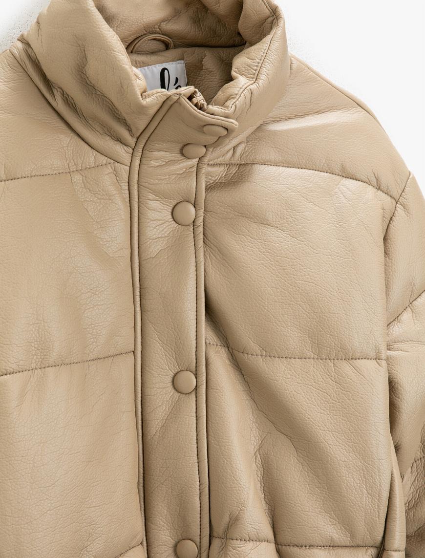   Fermuarlı Deri Görünümlü Puffer Ceket