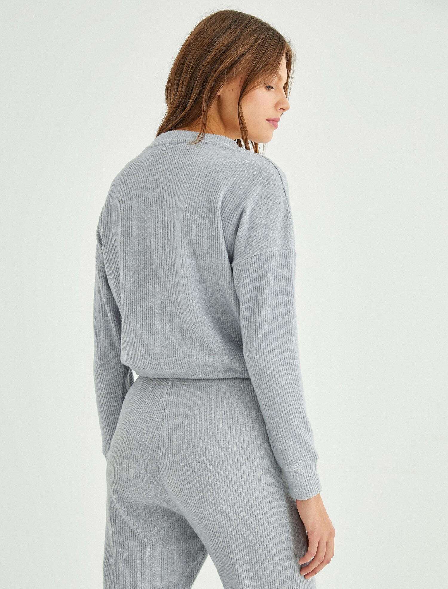   Beli Büzgülü Uzun Kollu Triko Pijama Üstü