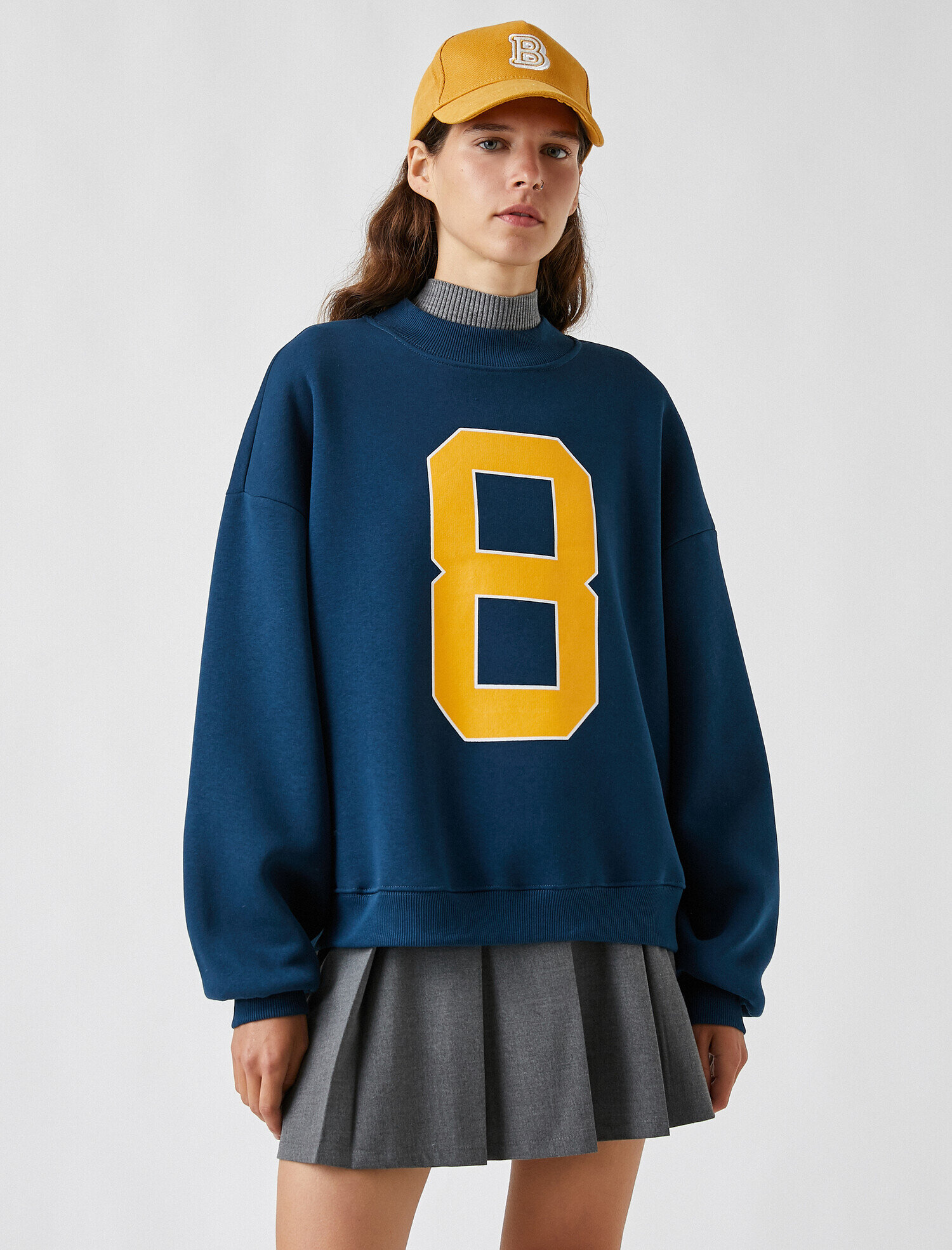   Yarım Balıkçı Baskılı Oversize Sweatshirt İçi Polarlı