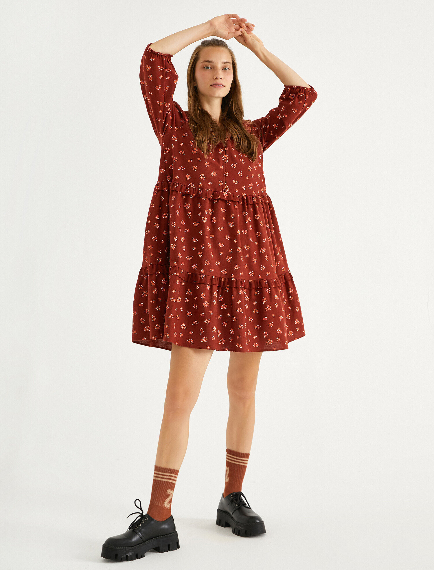   Çiçekli Kışlık Elbise Fırfır Detaylı Pamuklu