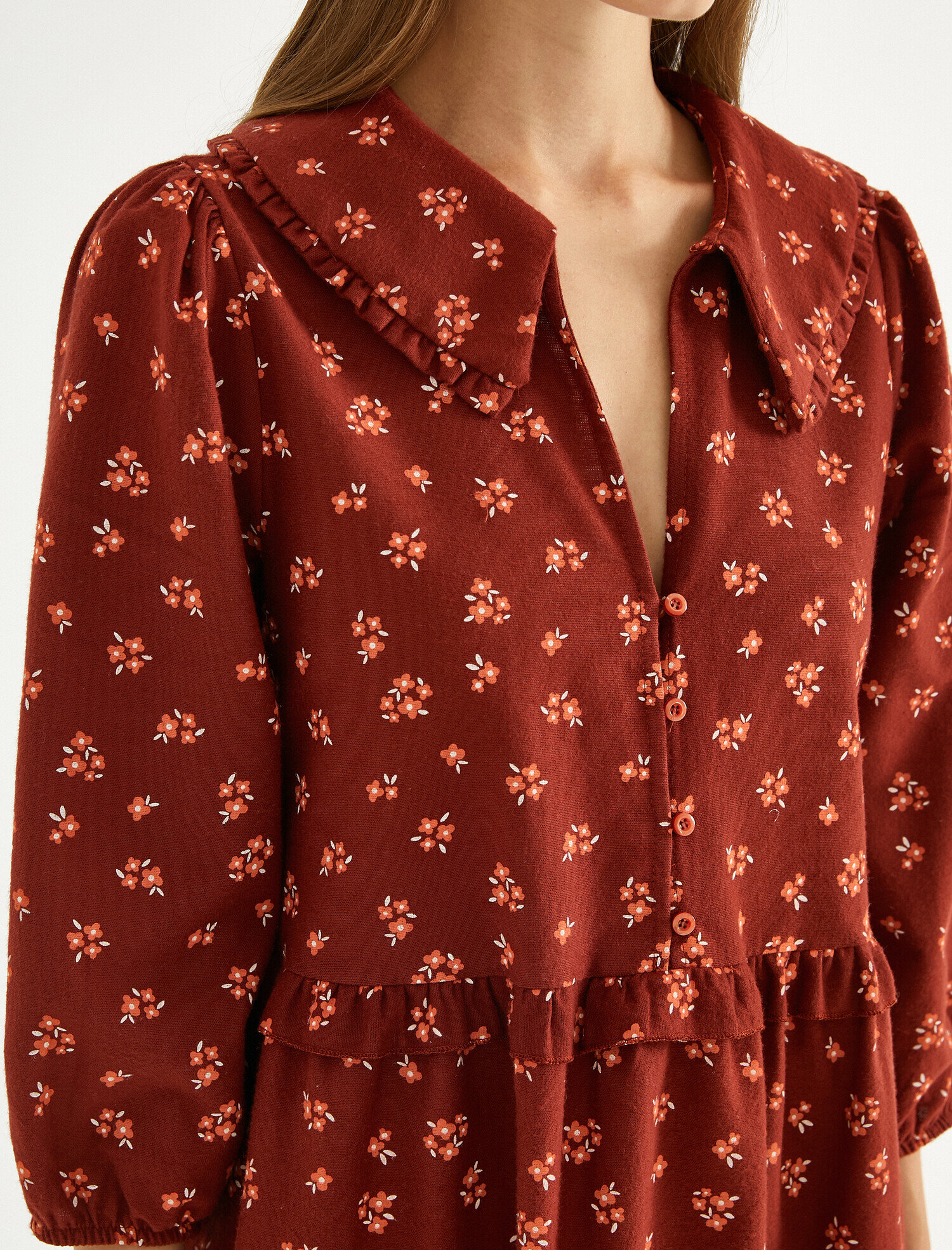   Çiçekli Kışlık Elbise Fırfır Detaylı Pamuklu