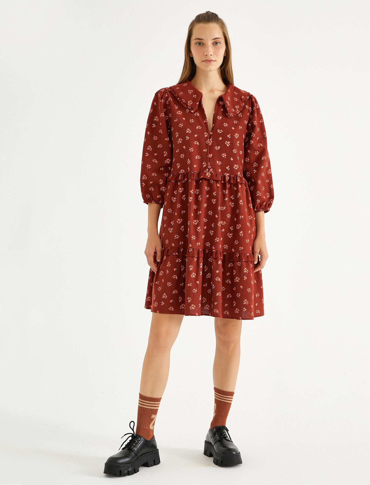   Çiçekli Kışlık Elbise Fırfır Detaylı Pamuklu