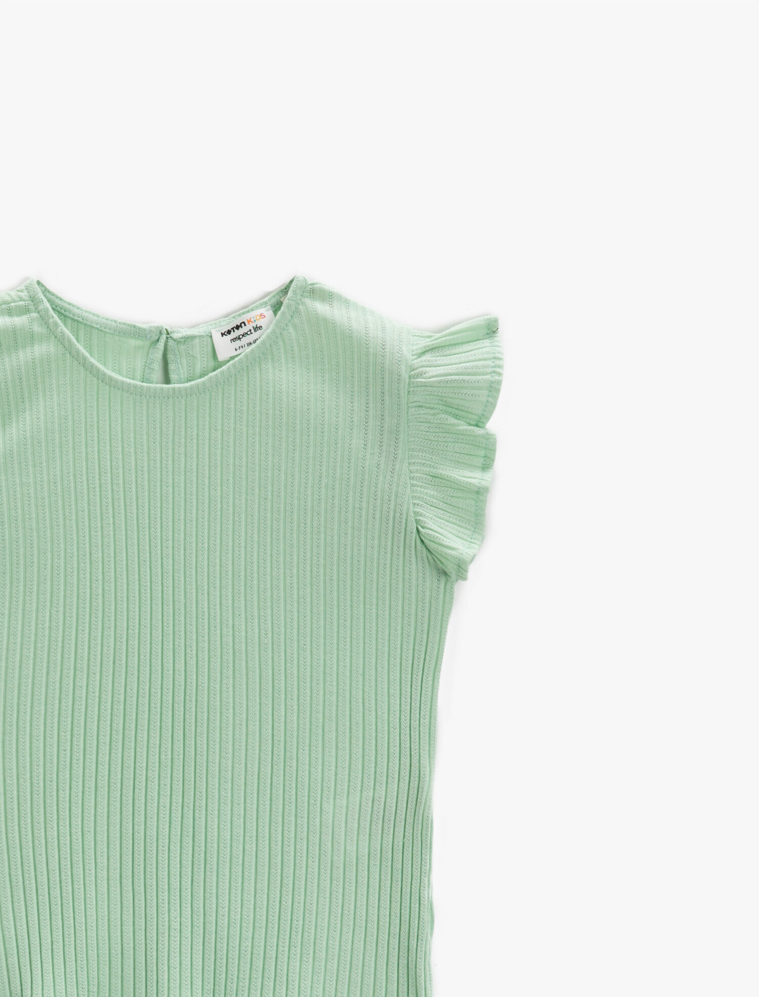  Kız Çocuk Kolları Fırfırlı Bisiklet Yaka Pamuklu Kısa Kollu Tişört