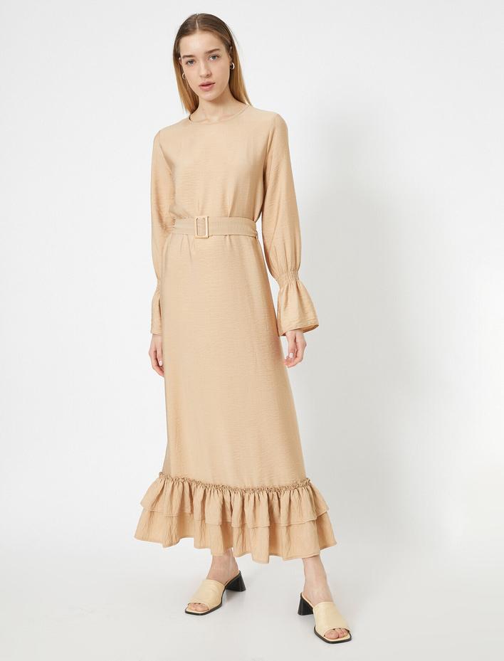  Beli Kemer Detaylı Uzun Kollu Uzun Elbise