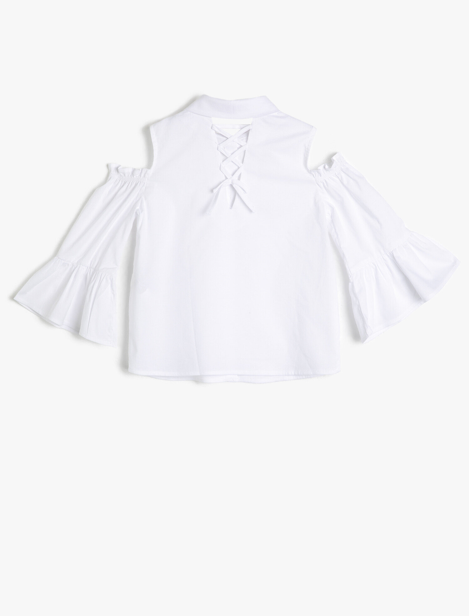  Kız Çocuk Poplin Kumaştan Arkası Çapraz Bağlamalı Omzu Açık Uzun Kollu Gömlek