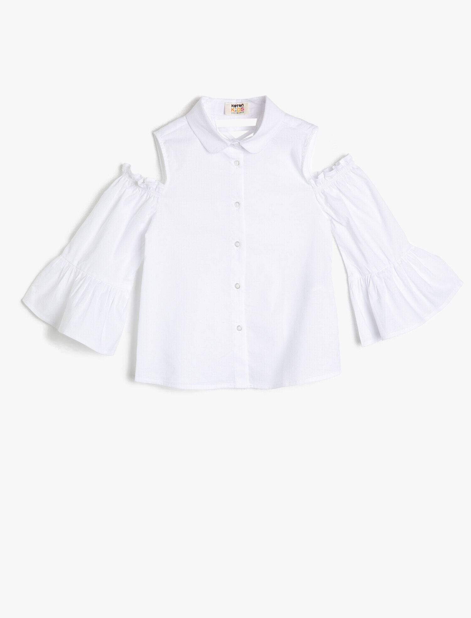  Kız Çocuk Poplin Kumaştan Arkası Çapraz Bağlamalı Omzu Açık Uzun Kollu Gömlek