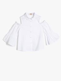 Poplin Kumaştan Arkası Çapraz Bağlamalı Omzu Açık Uzun Kollu Gömlek