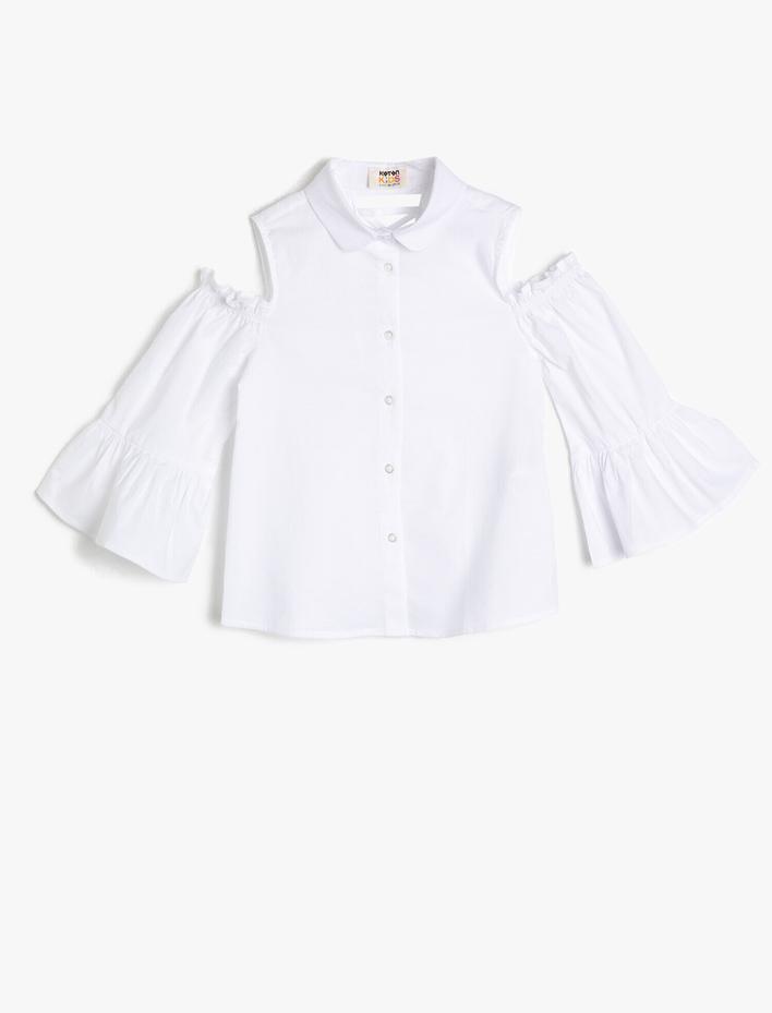 Kız Çocuk Poplin Kumaştan Arkası Çapraz Bağlamalı Omzu Açık Uzun Kollu Gömlek