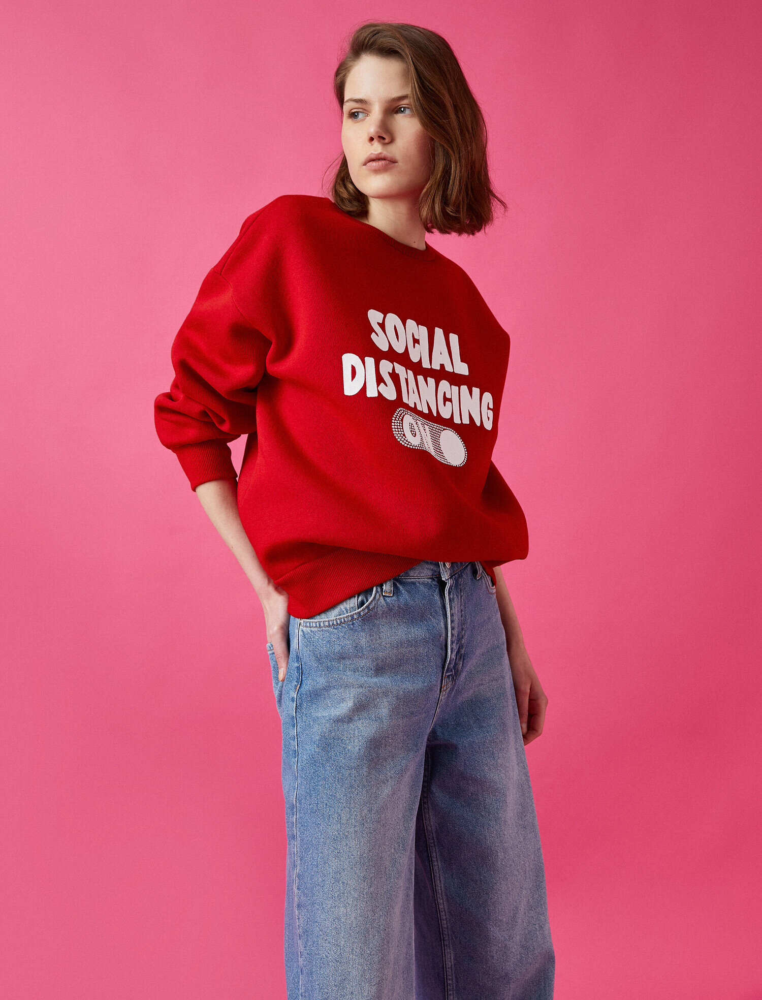   Pamuklu Bisiklet Yaka Yazılı Baskılı Sweatshirt