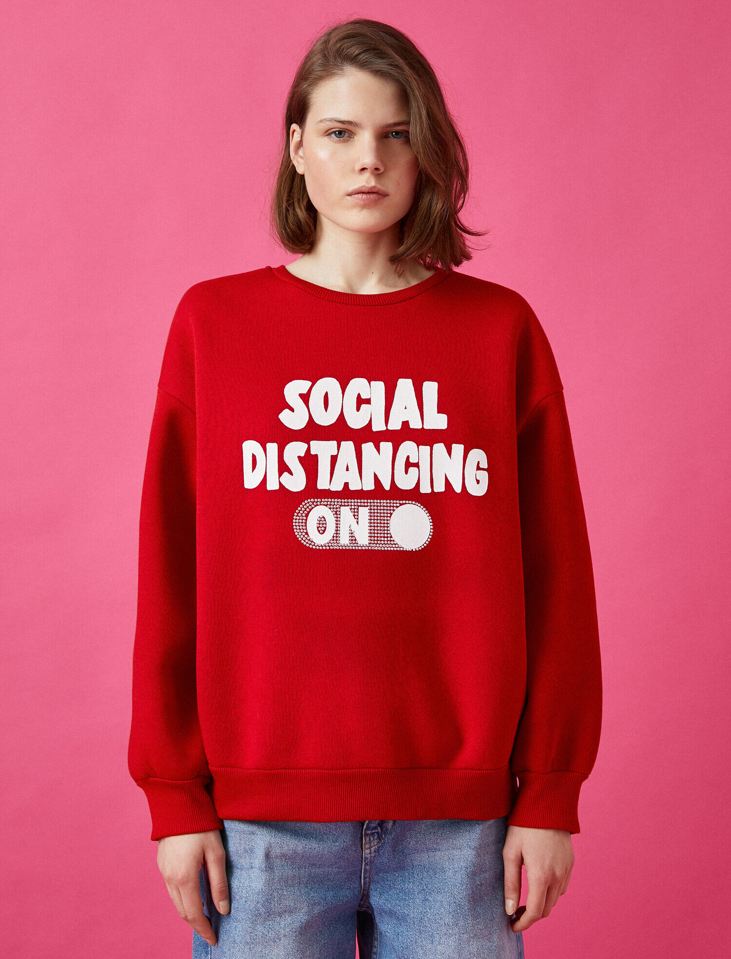   Pamuklu Bisiklet Yaka Yazılı Baskılı Sweatshirt