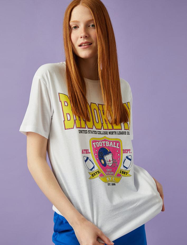  Baskılı Tişört Bisiklet Yaka Kısa Kollu Pamuklu