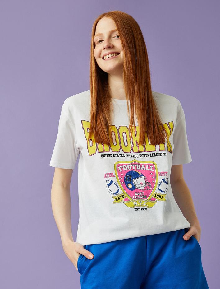  Baskılı Tişört Bisiklet Yaka Kısa Kollu Pamuklu