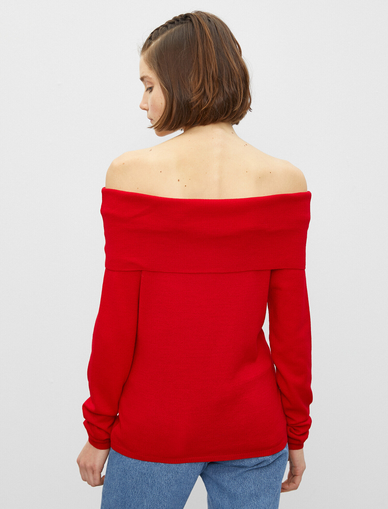   Kayık Yaka Uzun Kollu Omuz Açık Triko Kazak