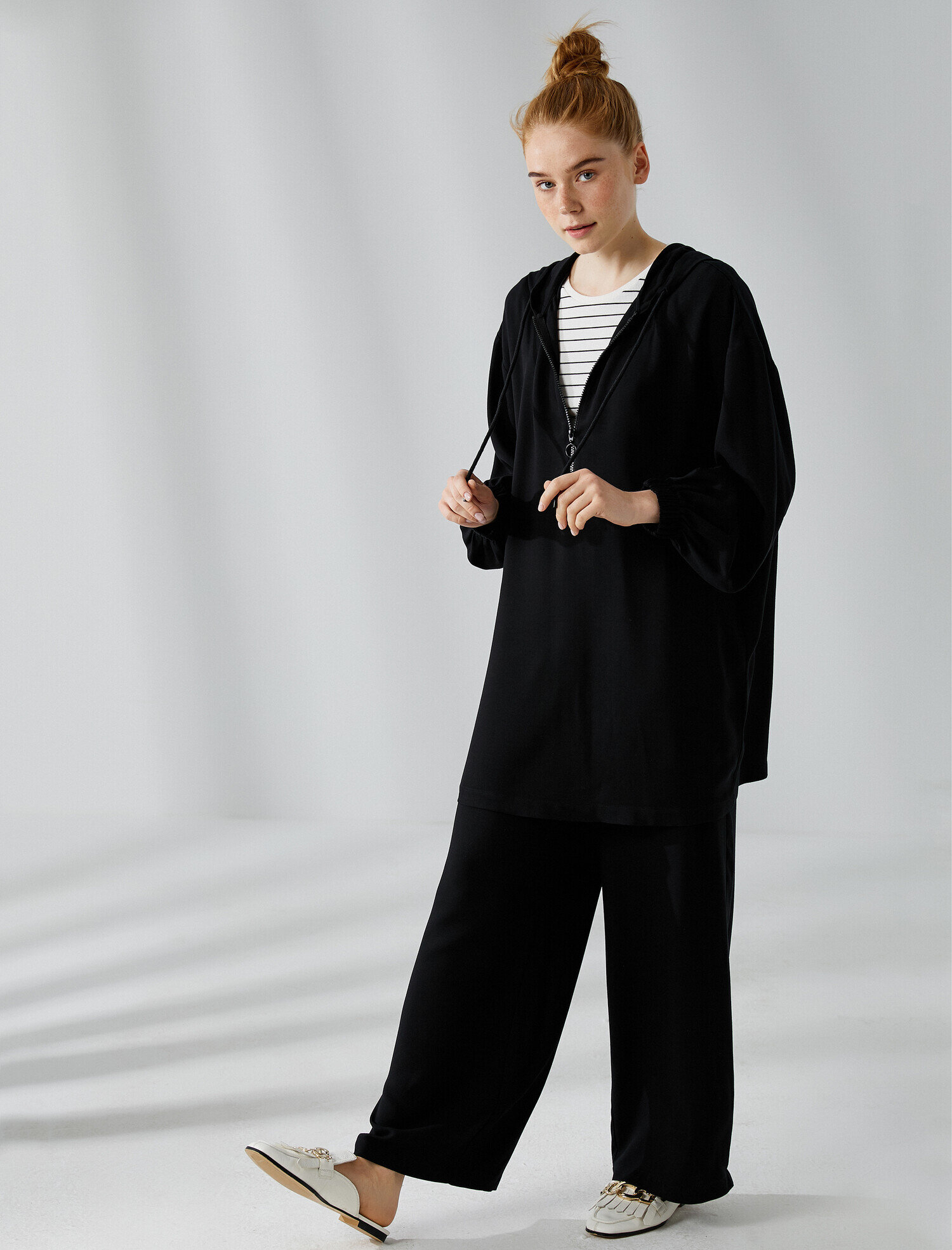   Kapüşonlu Tunik Fermuarlı Uzun Kollu Oversize