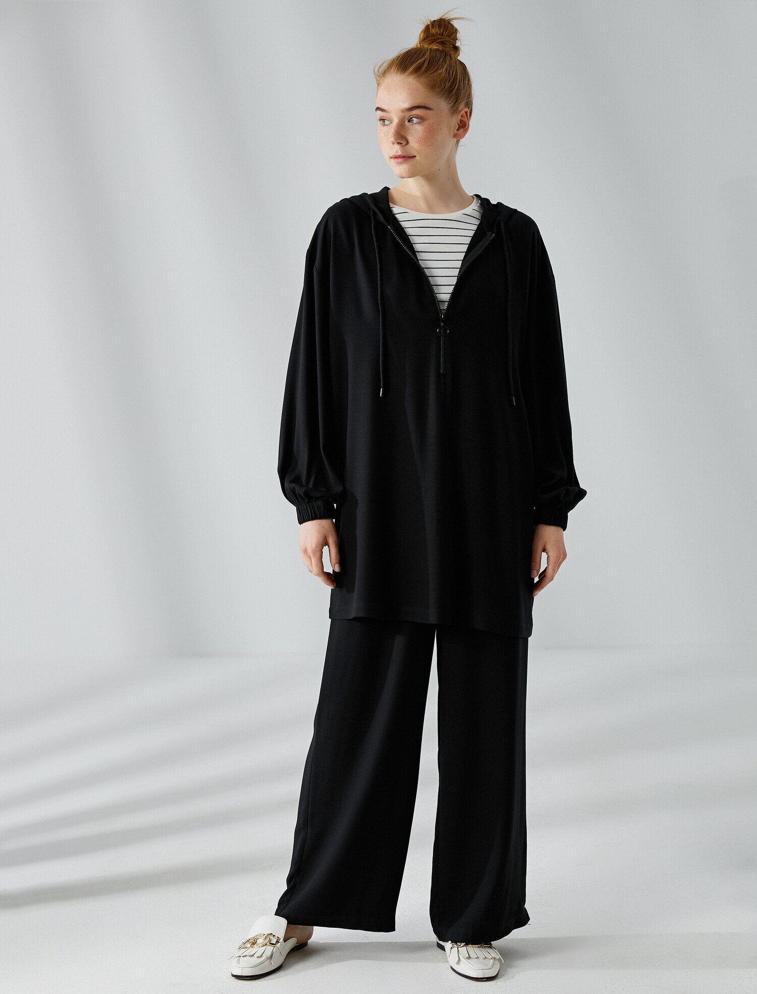   Kapüşonlu Tunik Fermuarlı Uzun Kollu Oversize