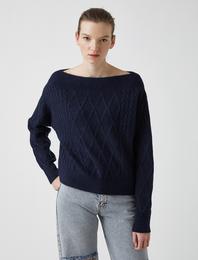 Kayık Yaka Saç Örgüsü Oversize Kazak