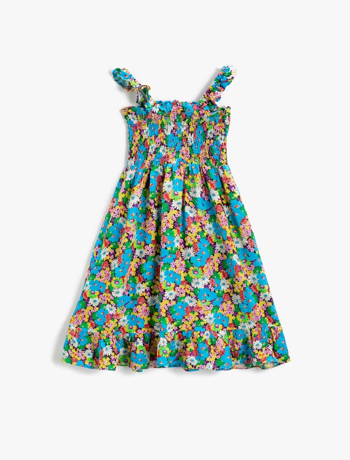 Kız Çocuk Çiçekli Askılı Fırfırlı Elbise