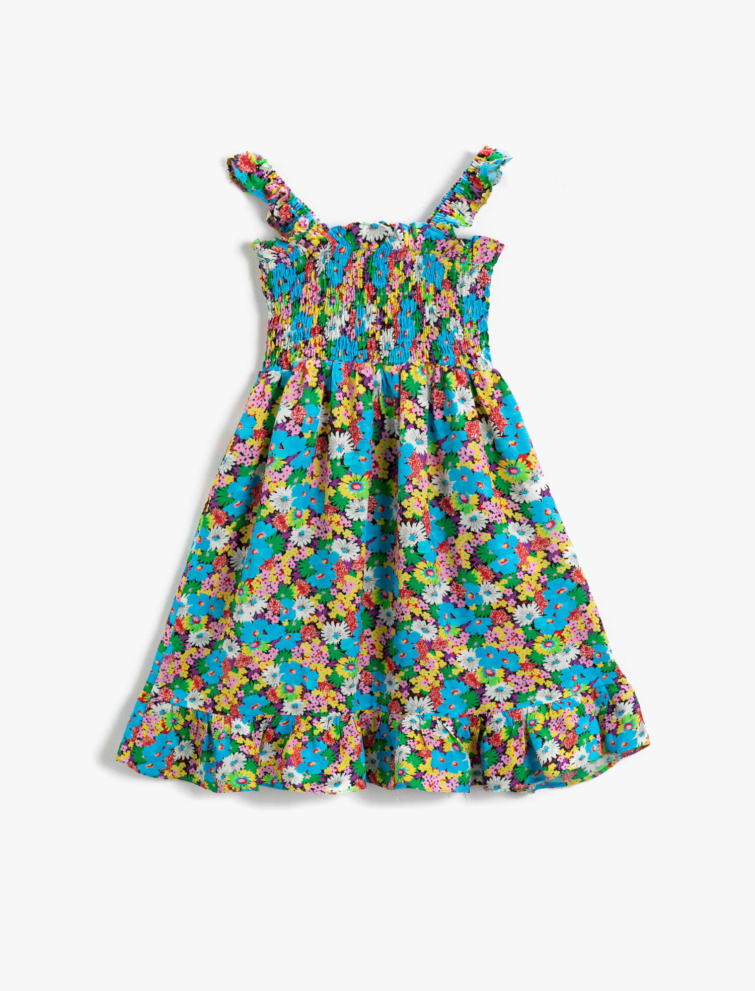  Kız Çocuk Çiçekli Askılı Fırfırlı Elbise