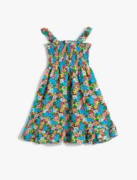 Çiçekli Askılı Fırfırlı Elbise