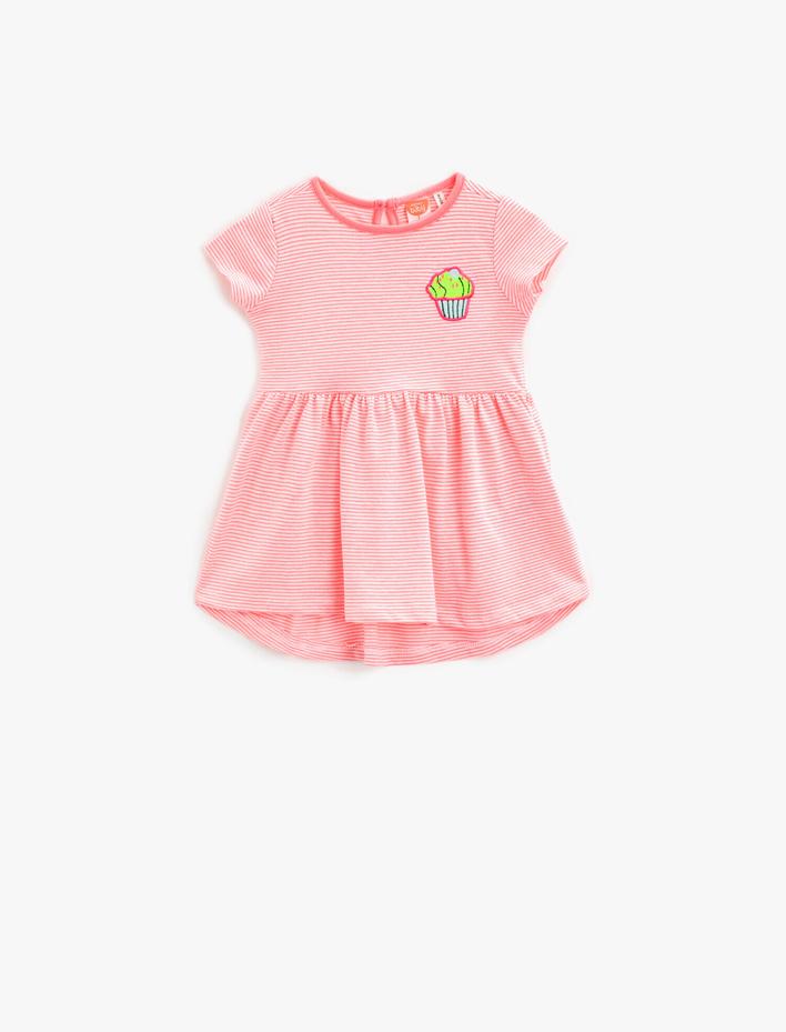 Kız Bebek Çizgili Elbise İşlemeli Pamuklu Bisiklet Yaka