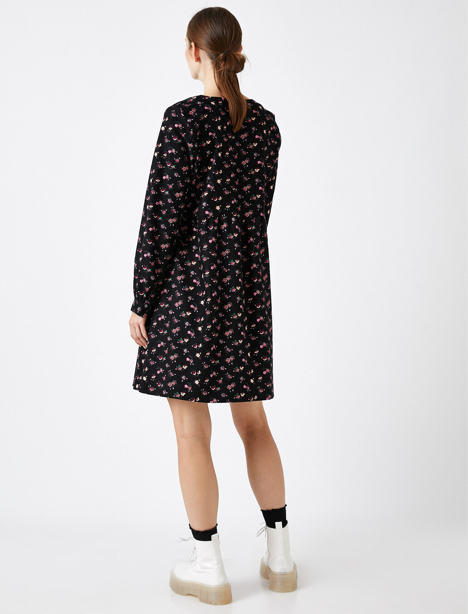   %100 Pamuk Uzun Kollu Çiçek Desenli Elbise