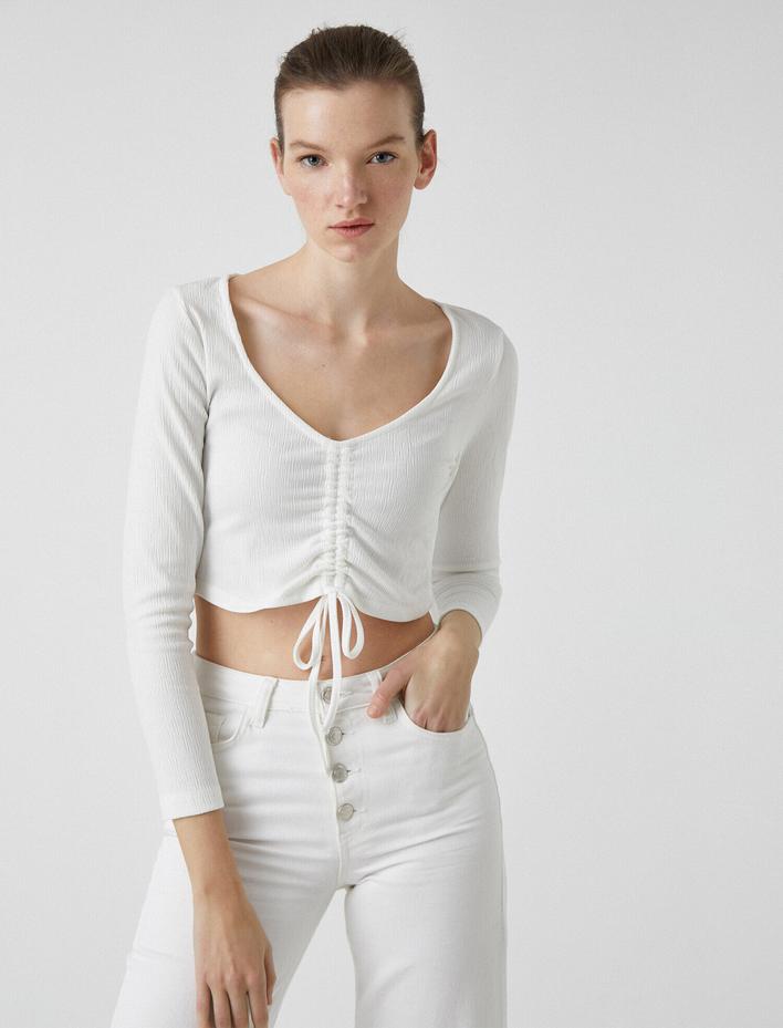  Crop Uzun Kollu Tişört Büzgülü