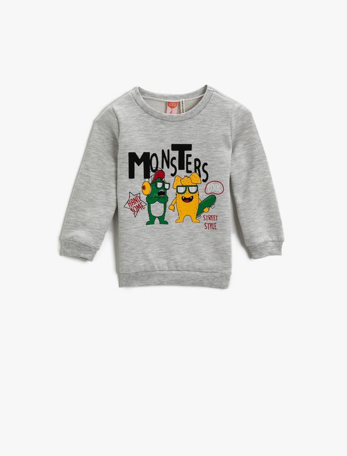 Erkek Bebek Baskılı Pamuklu Sweatshirt Bisiklet Yaka