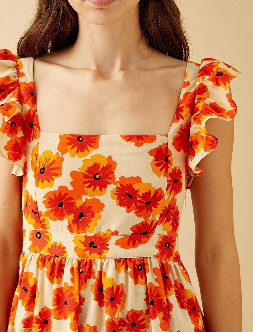   Çiçekli Yazlık Elbise Fırfırlı Pamuklu Keten Karışımlı