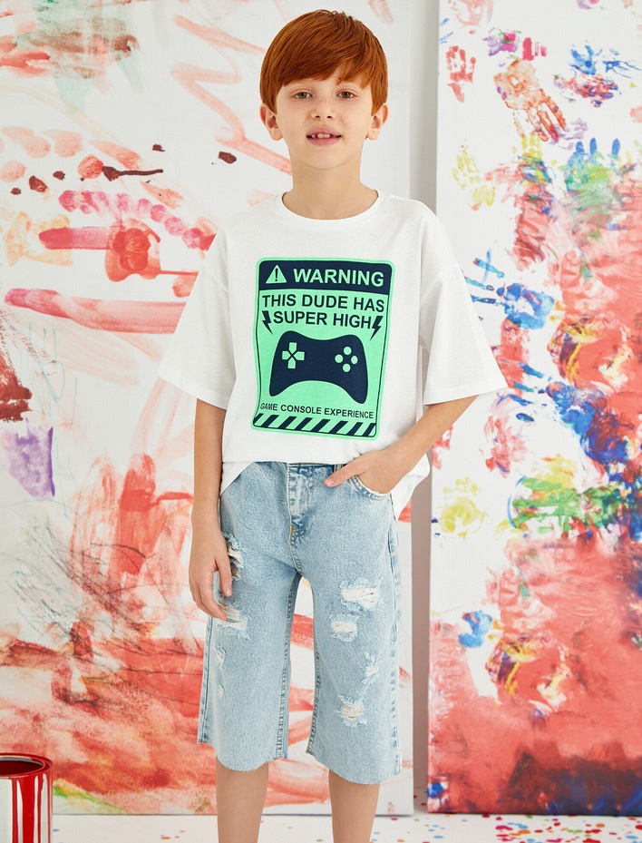 Erkek Çocuk Karanlıkta Parlayan Baskılı Tişört Bisiklet Yaka Kısa Kollu Pamuklu