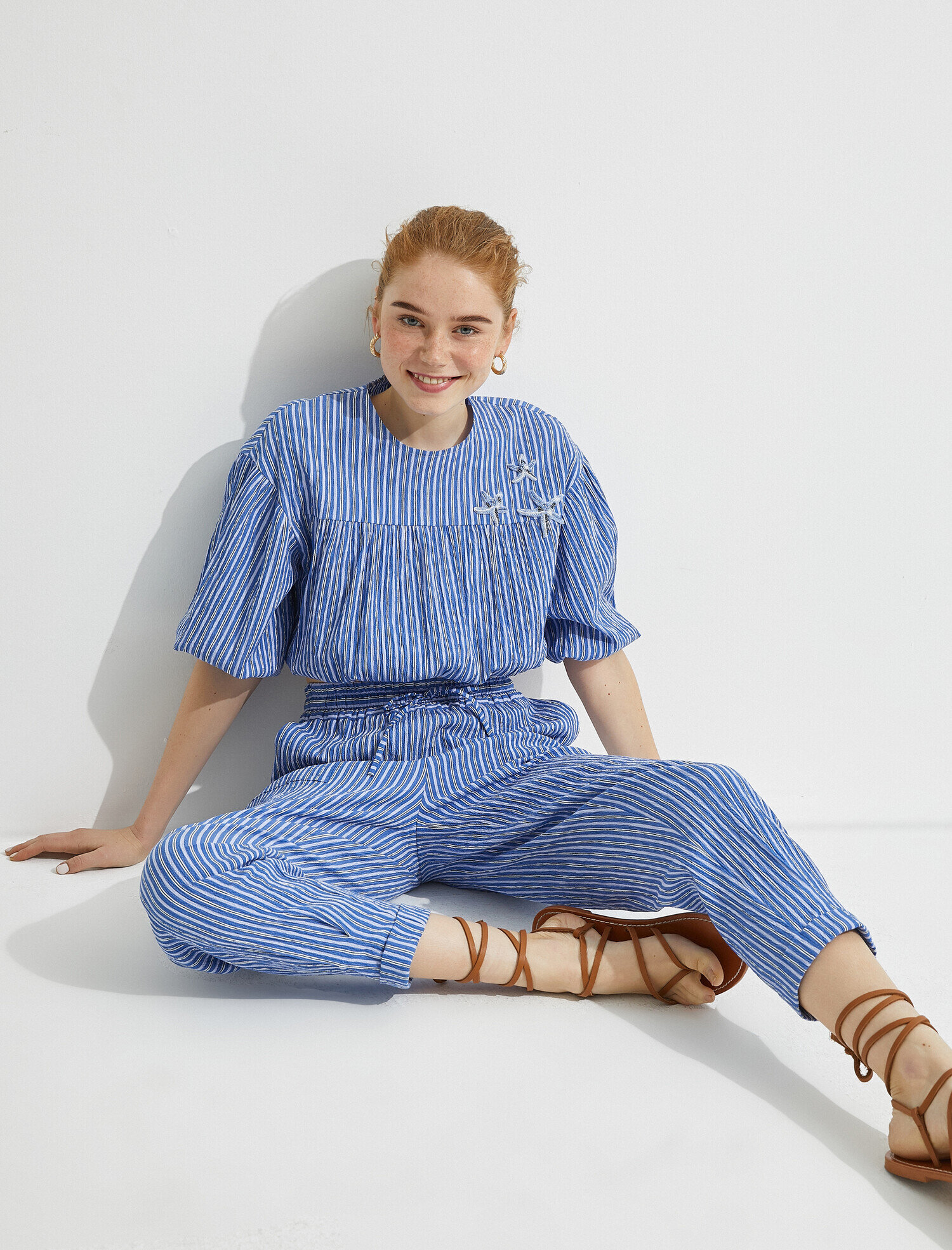   Çizgili Pantolon Belden Bağlamalı Pamuklu