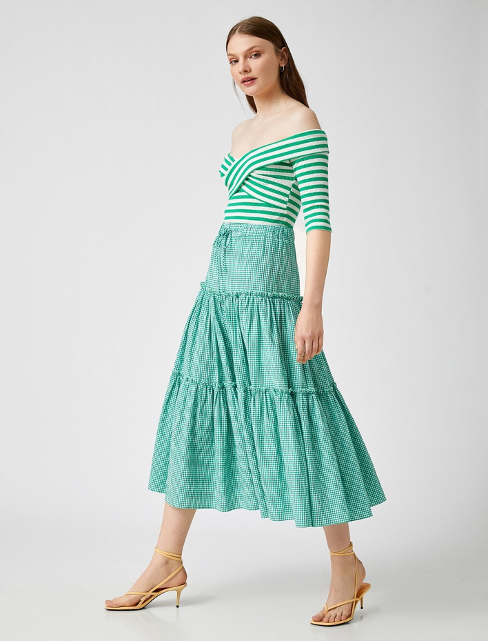  Kareli Etek Midi Boy Pamuklu