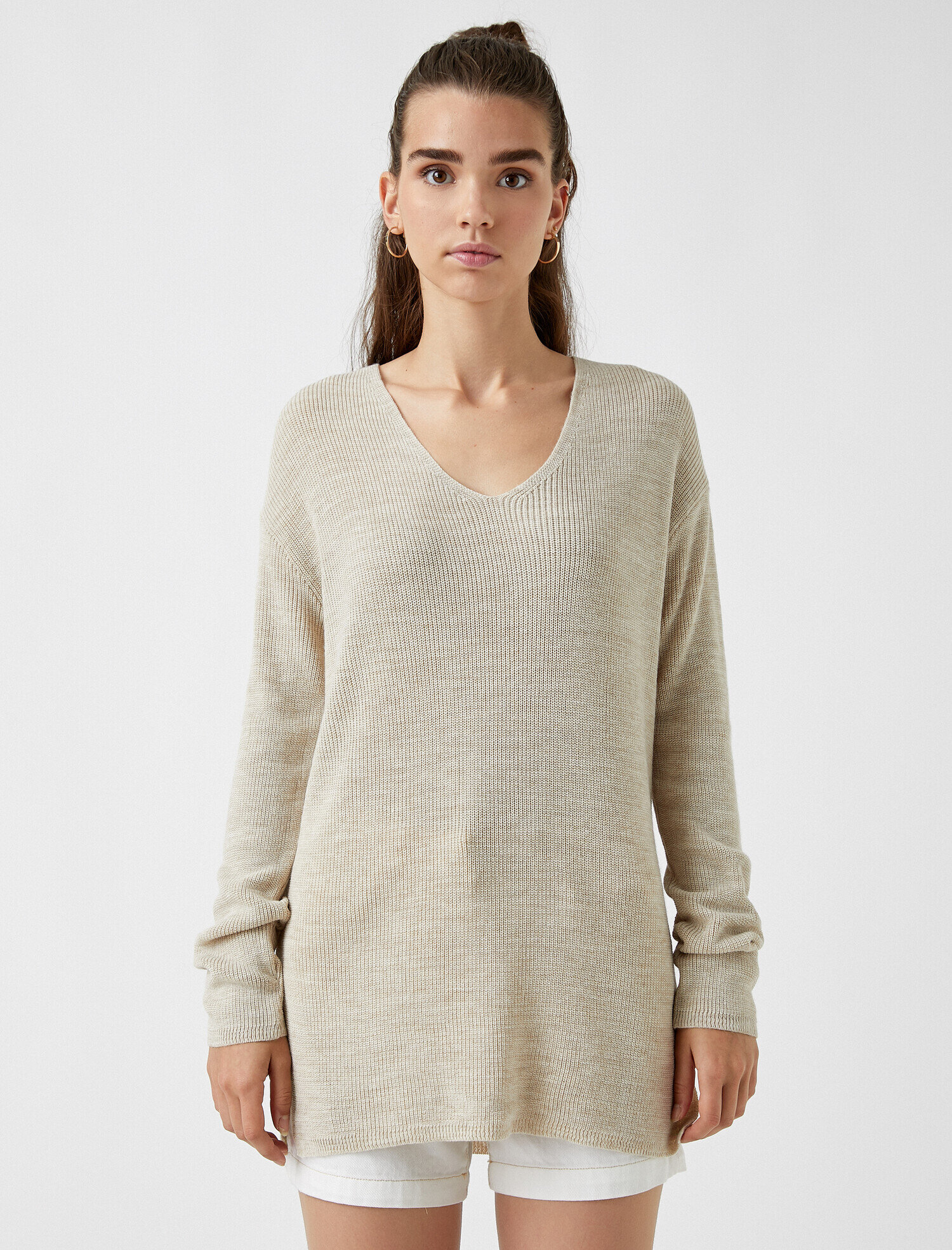   V Yaka Uzun Kollu Basic Triko Kazak Kaşmir Dokulu