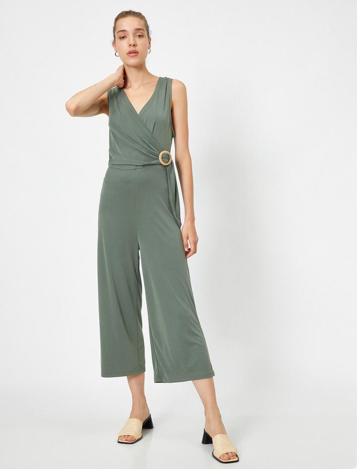  Kemer Detaylı Kolsuz Geniş Paça Tulum