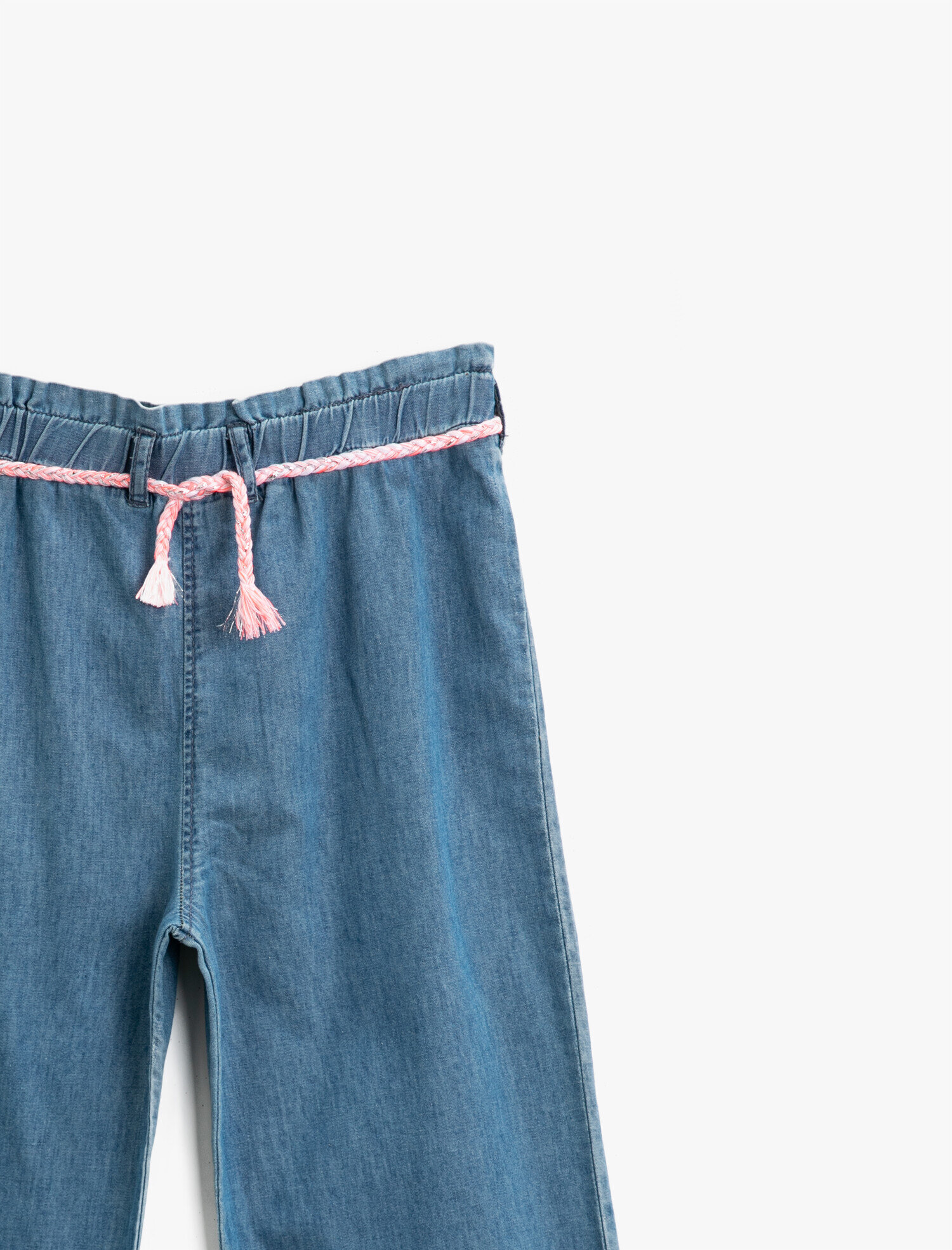  Kız Çocuk Kot Pantolon Pamuklu Beli Lastikli Kemerli Bol Paça - Wide Leg Jean
