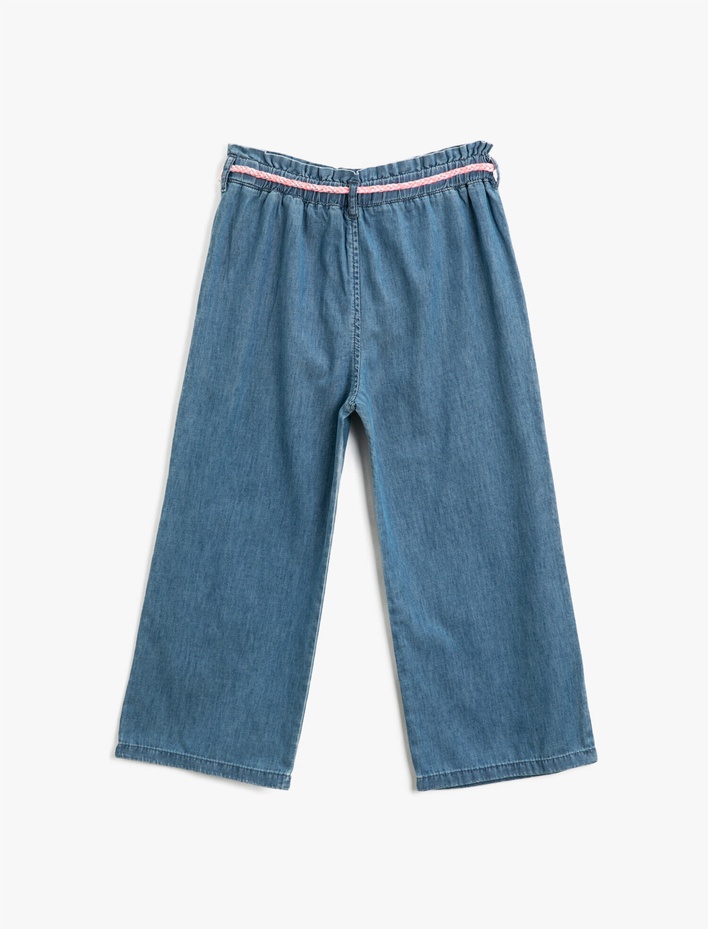 Kız Çocuk Kot Pantolon Pamuklu Beli Lastikli Kemerli Bol Paça - Wide Leg Jean