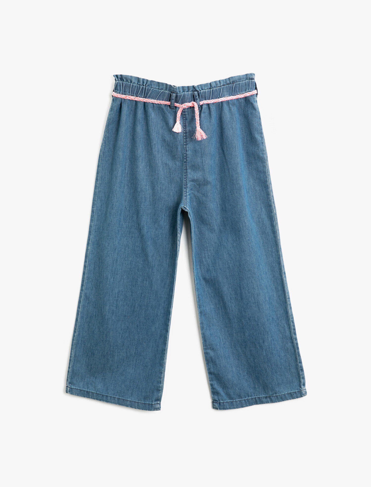  Kız Çocuk Kot Pantolon Pamuklu Beli Lastikli Kemerli Bol Paça - Wide Leg Jean