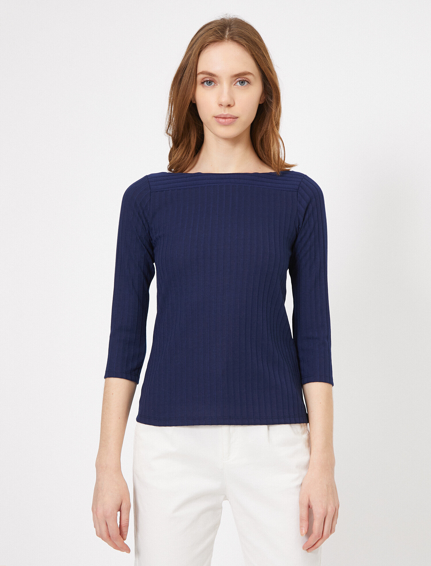   Uzun Kollu Tişört Çizgi Detaylı Kayık Yaka