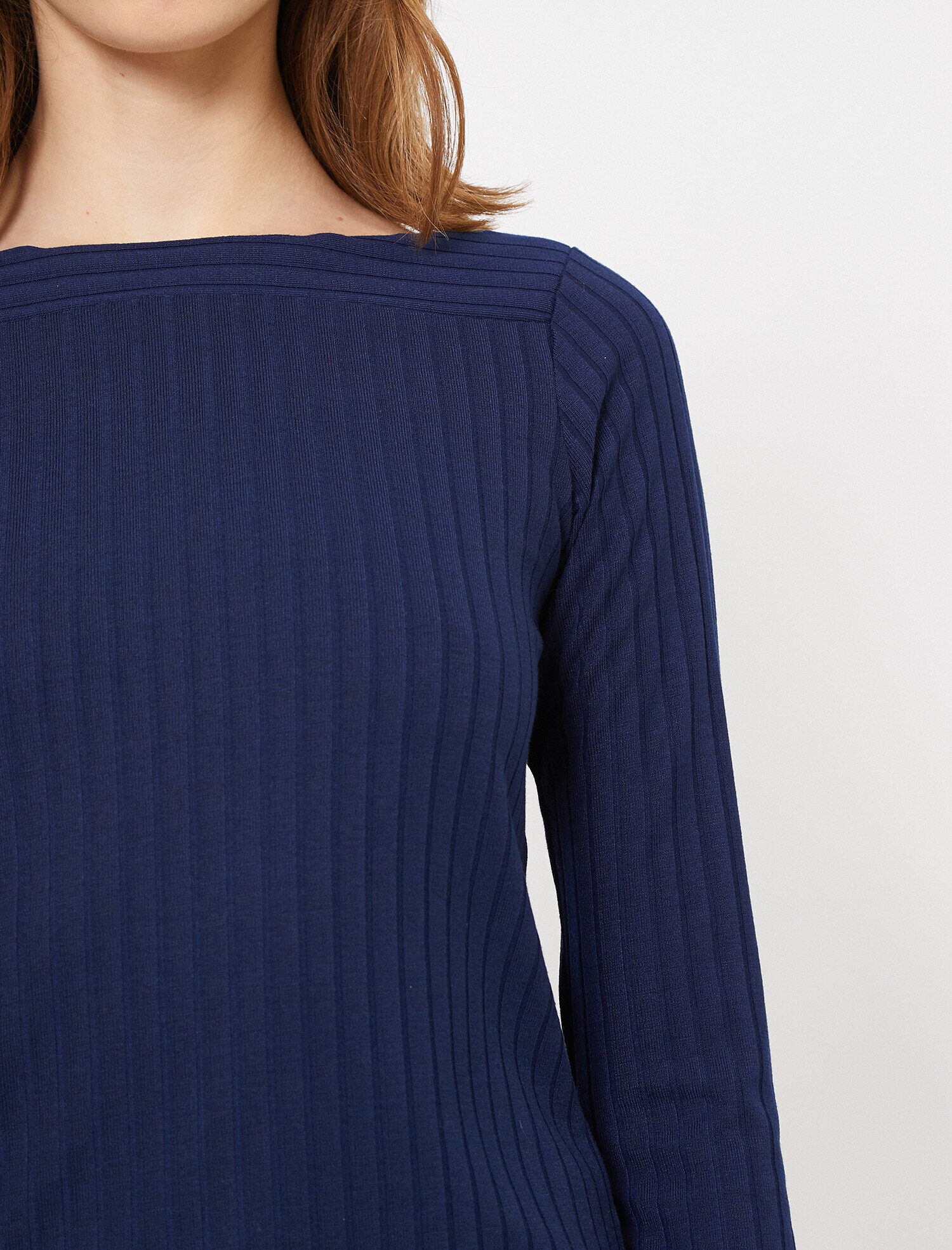   Uzun Kollu Tişört Çizgi Detaylı Kayık Yaka