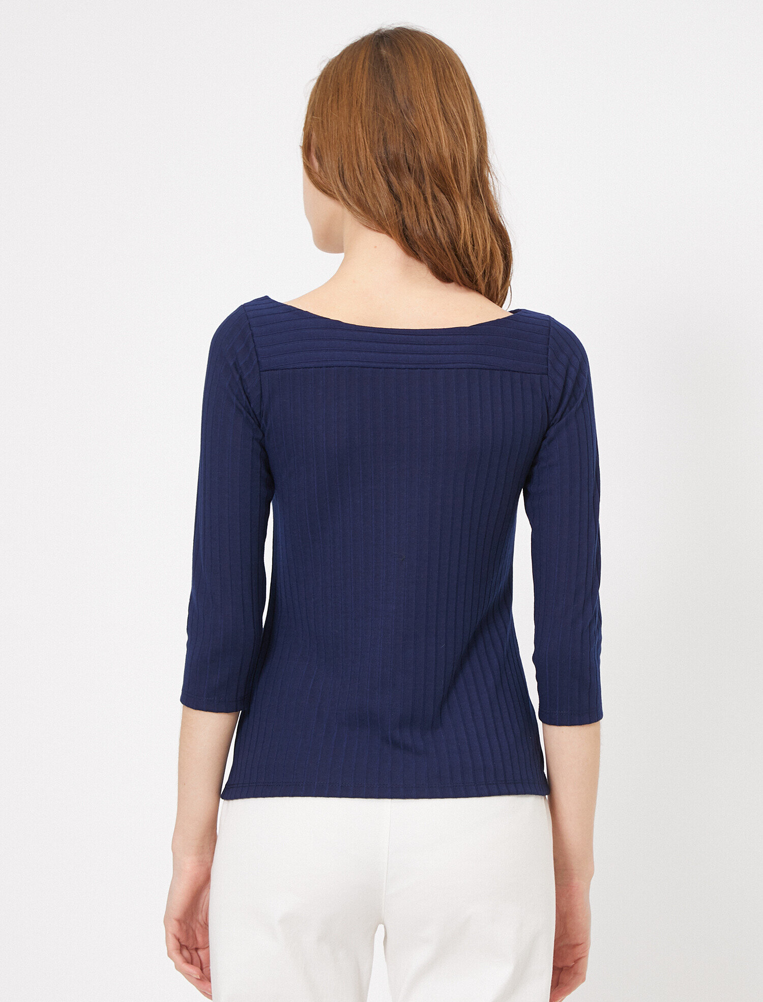   Uzun Kollu Tişört Çizgi Detaylı Kayık Yaka